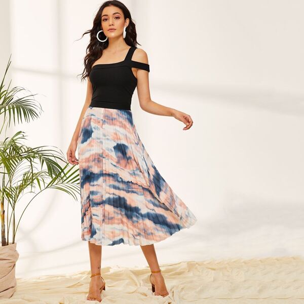 

Elastic Waist Tie Dye Pleated Skirt