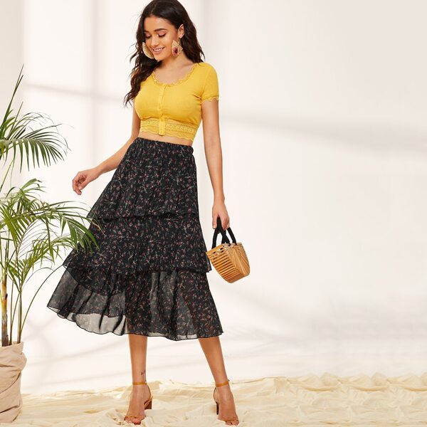

Ditsy Floral Print Layered Ruffle Skirt