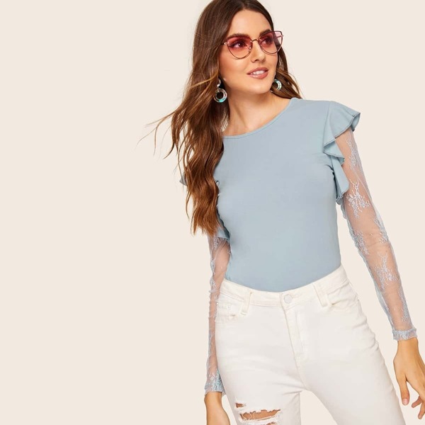 

Contrast Embroidered Mesh Sleeve Tee