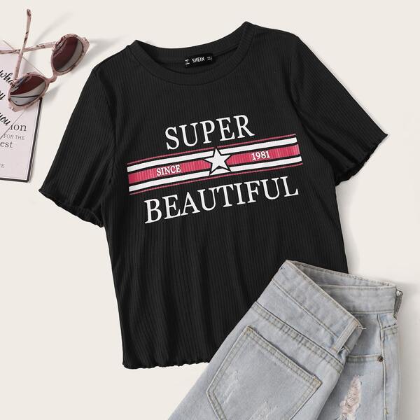 

Letter Print Rib-knit Lettuce Trim Tee