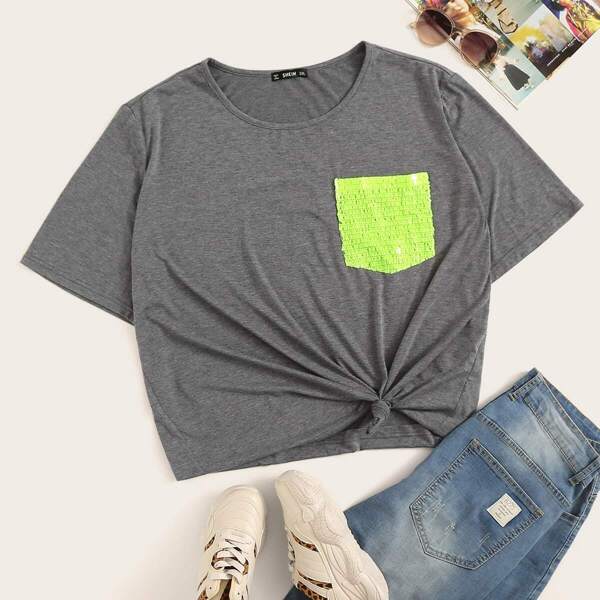 

Plus Neon Lime Sequin Pocket Patched Top, Grey