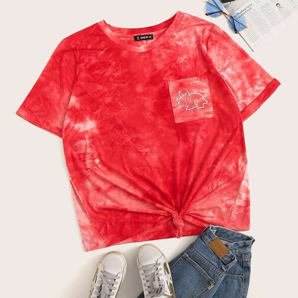 

Plus Cartoon Print Pocket Patched Tie Dye Top