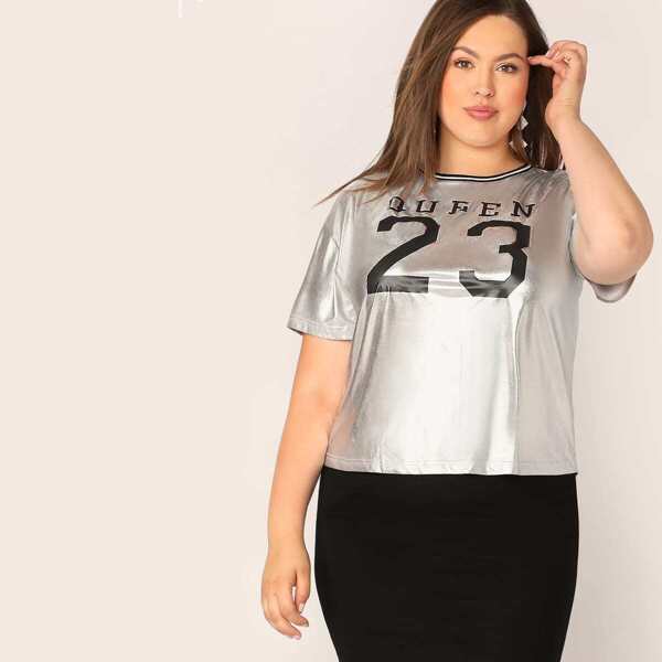 

Plus Striped Neck Letter Print Metallic Top