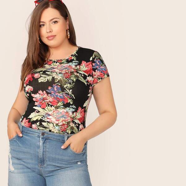 

Plus Floral Print Cap Sleeve Top, Multicolor