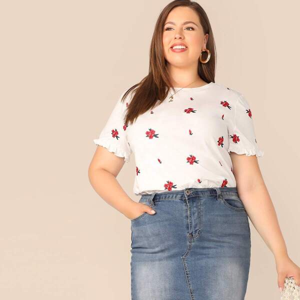 

Plus Frill Trim Embroidered Floral Top, White