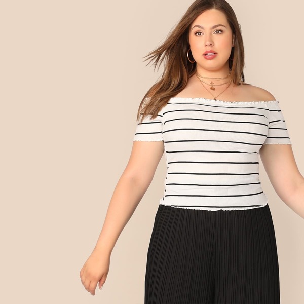 

Plus Lettuce Trim Striped Bardot Top, White