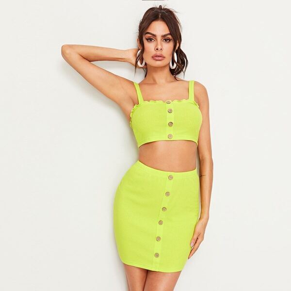 

Neon Lime Frill Trim Rib-knit Button Crop Top & Skirt Set