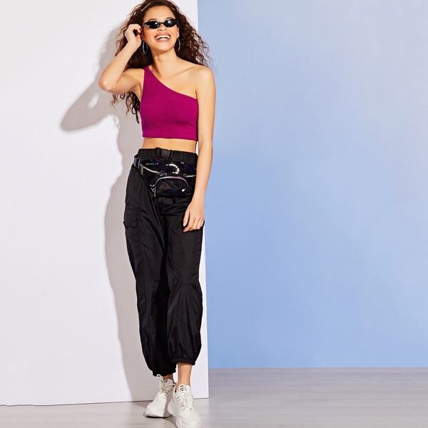 

Ribbed One Shoulder Crop Top, Purple