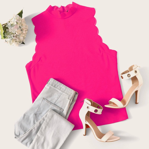 

Plus Neon Pink Scallop Edge Fitted Tank Top, Pink bright