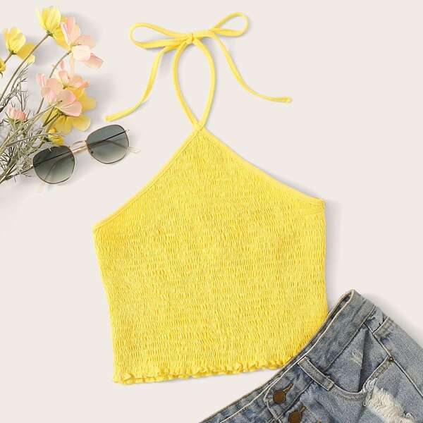 

Neon Yellow Shirred Halter Neck Crop Top