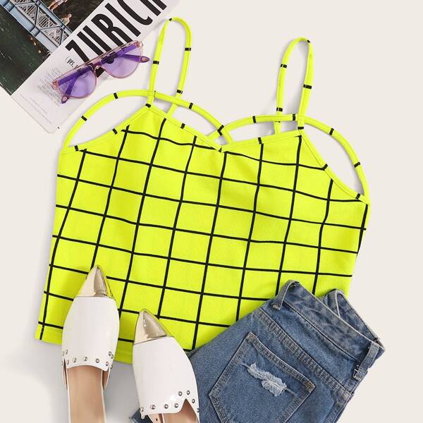 

Plus Neon Yellow Criss-cross Grid Crop Cami Top, Yellow bright