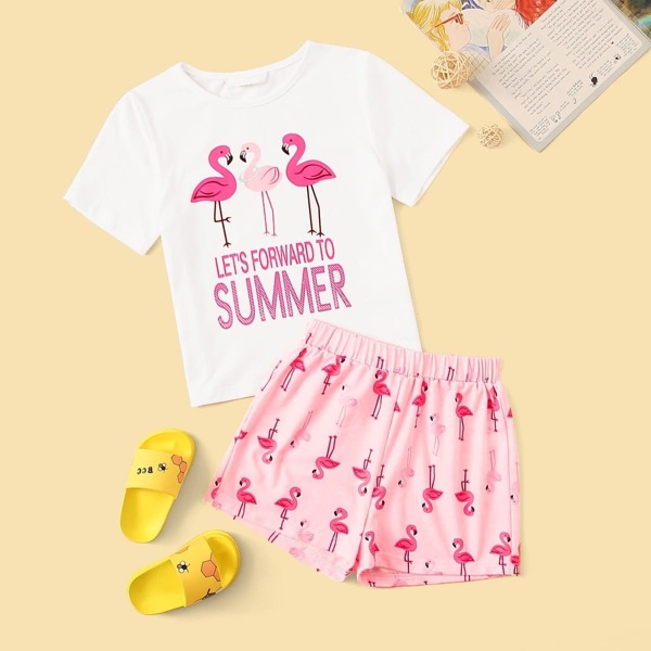 

Girls Flamingo & Slogan Print Top & Shorts PJ Set