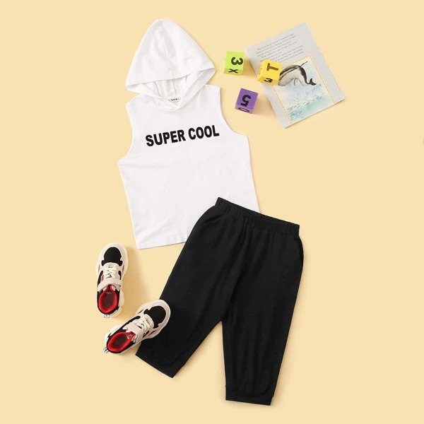 

Boys Slogan Print Hooded Tee & Pants Set