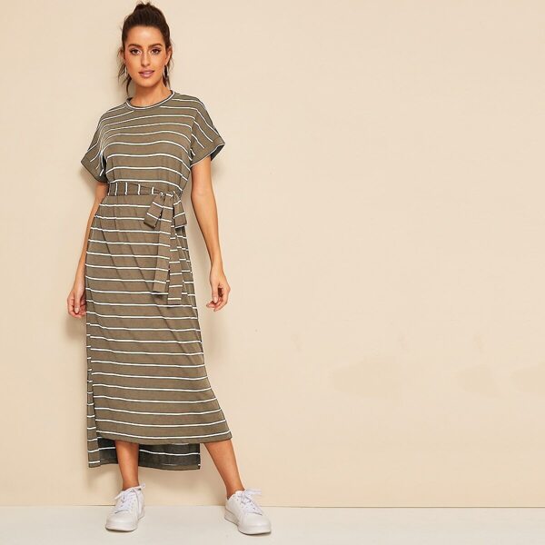 

Split Hem Striped Belted Dress