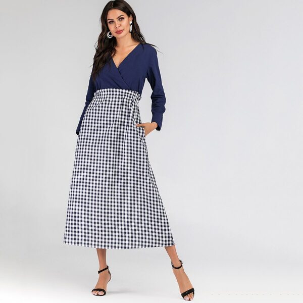 

Gingham Print Drawstring Waist Combo Dress, Navy