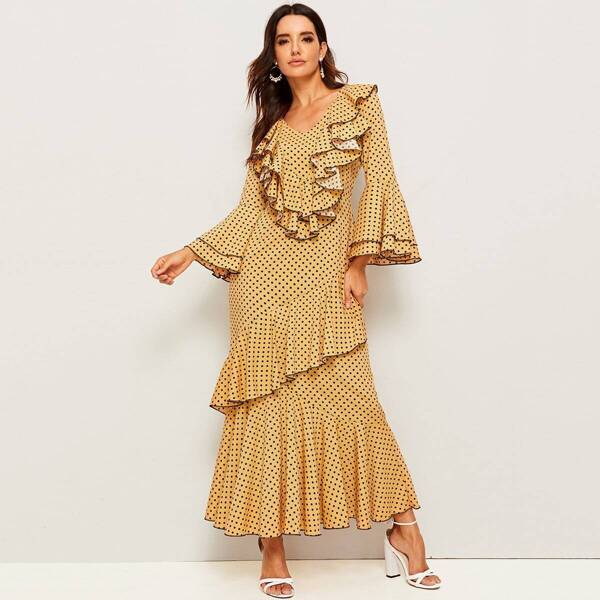 

Polka Dot Flounce Sleeve Maxi Dress