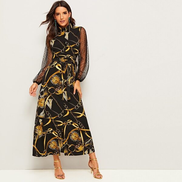 

Chain Print Contrast Dot Mesh Sleeve Belted Dress, Black