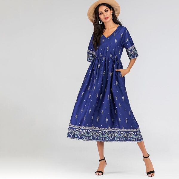 

Floral Print Elastic Waist Midi Dress, Navy