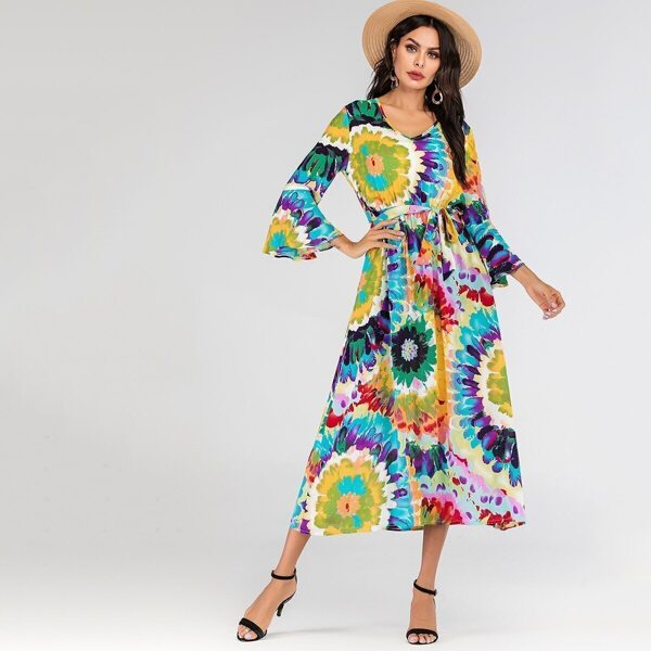 

Color Block Flounce Sleeve Tie Front Dress, Multicolor