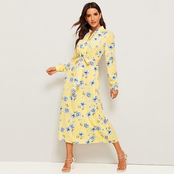 

Floral Print Notched Collar Belted Dress