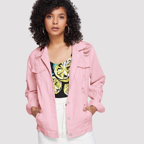 

Ripped Solid Button Front Denim Jacket