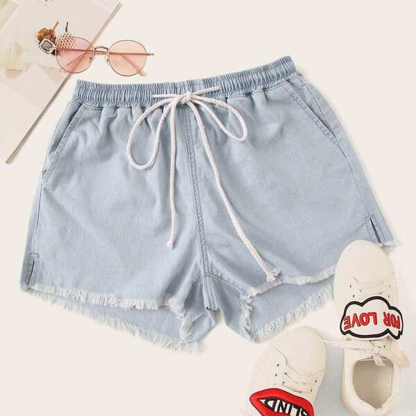 

Raw Hem Drawstring Waist Denim Shorts, Blue