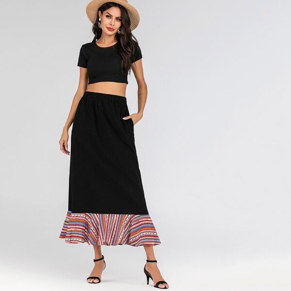 

Colorful Striped Ruffle Hem Maxi Skirt, Black