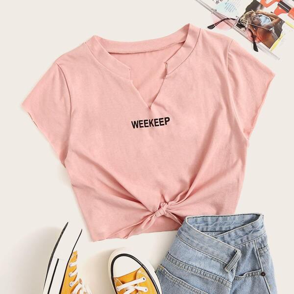

Футболка с текстовым принтом и завязкой, Розовые