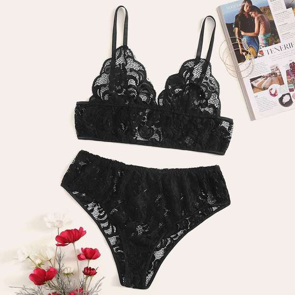 

Plus Floral Lace Lingerie Set, Black