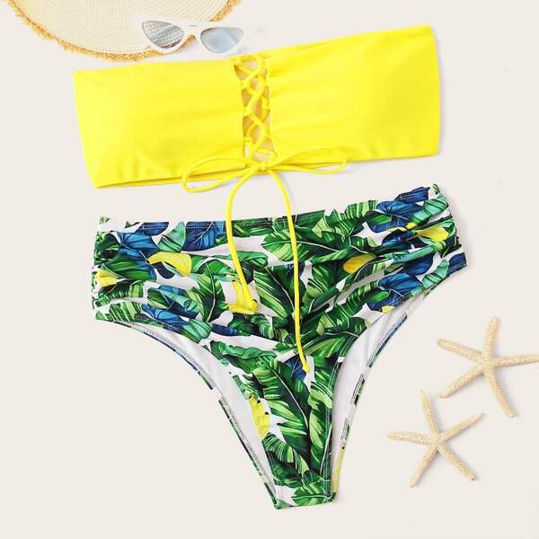 

Plus Lace-up Bandeau With High Waist Bikini, Multicolor