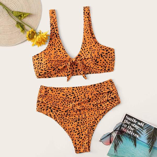 

Plus Leopard Knot Top With High Waist Bikini