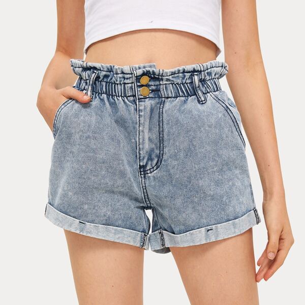 

Roll Hem Paperbag Waist Denim Shorts