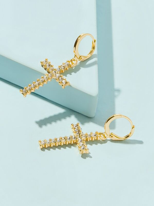 

Rhinestone Cross Design Hoop Drop Earrings 1pair, Gold