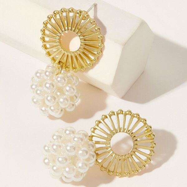 

Faux Pearl Decor Hollow Out Fan Drop Earring 1pair