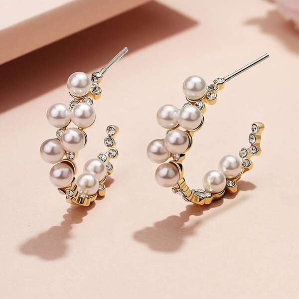 

Rhinestone & Faux Pearl Decor Cut Hoop Earrings 1pair, Multicolor