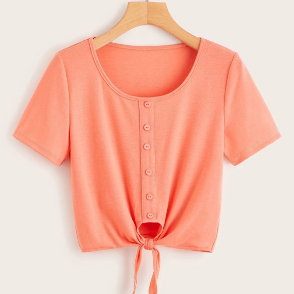 

Button Front Knot Hem Crop Tee