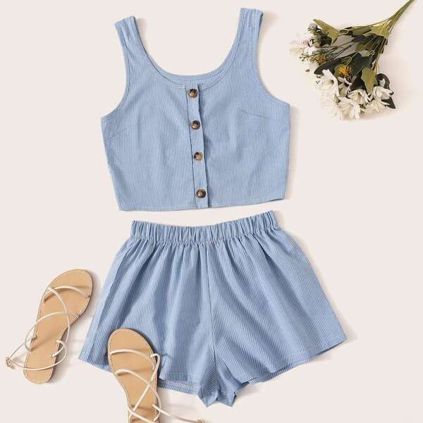 

Striped Button Front Tank Top With Shorts