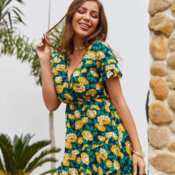 

Sunflower Print Ruffle Hem Surplice Dress
