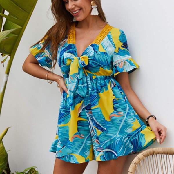 

Tropical Print Tie Front Romper