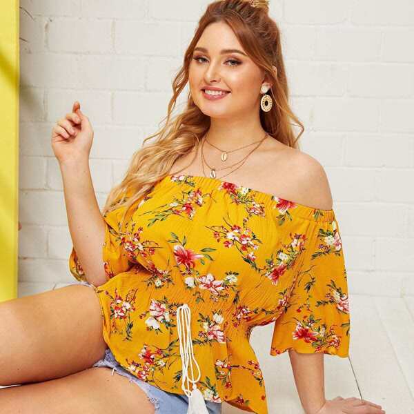 

Plus Off Shoulder Floral Print Knot Blouse
