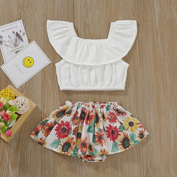 

Toddler Girls Square Neck Crop Top With Sunflower Print Shorts, Multicolor