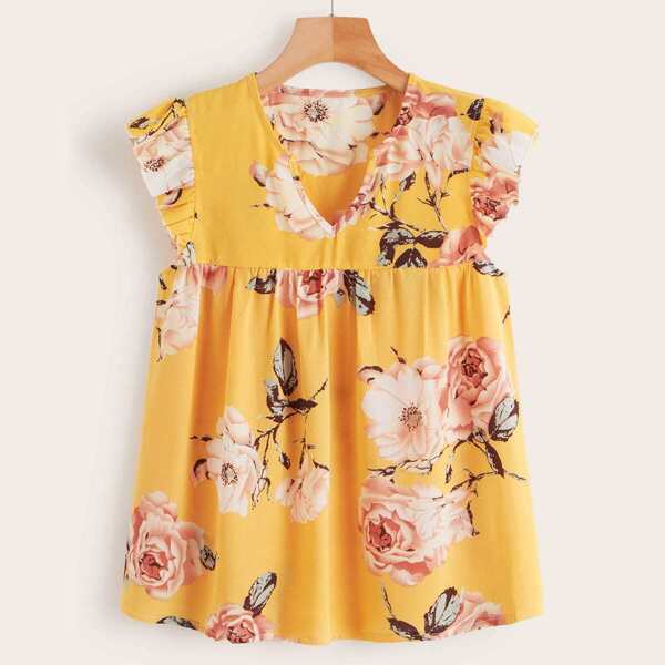

Notch Neck Large Floral Print Smock Blouse, Yellow