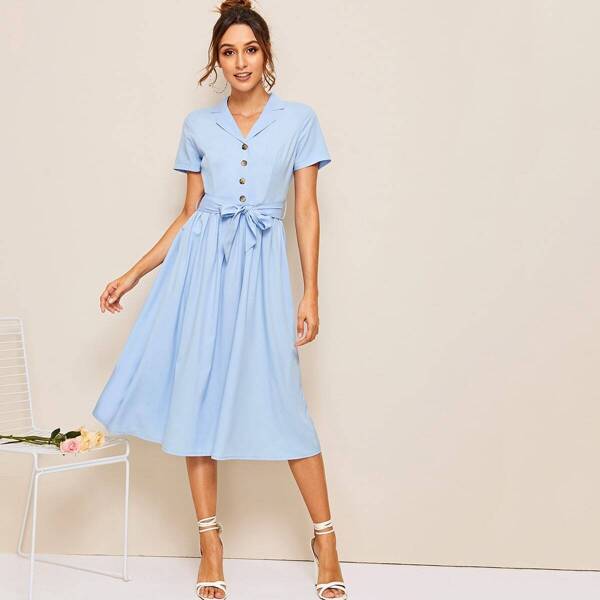 

Half Button Belted Notched Dress, Blue