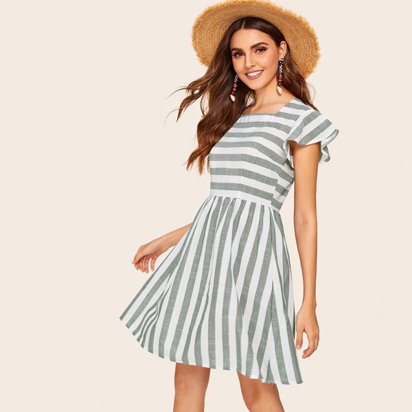 

Square Neck Flutter Sleeve Striped Dress, Multicolor