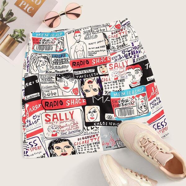 

Comic Print Zipper Back Pencil Skirt, Multicolor