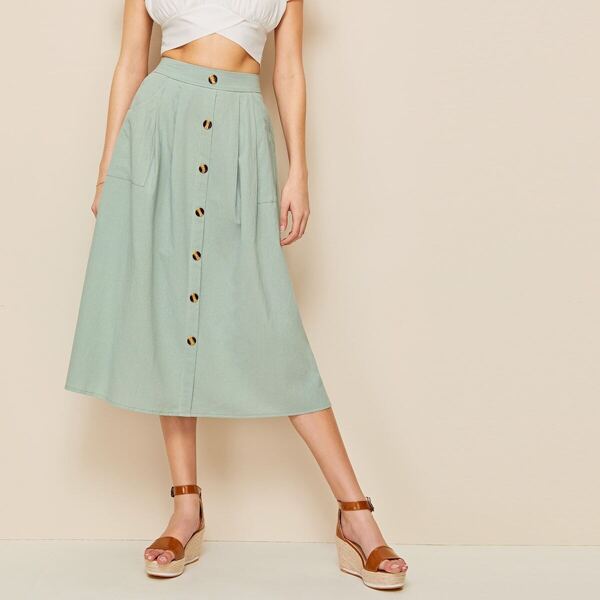

Dual Pockets Button Through Skirt, Green