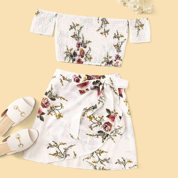 

Floral Print Off The Shoulder Shirred Top With Skirt