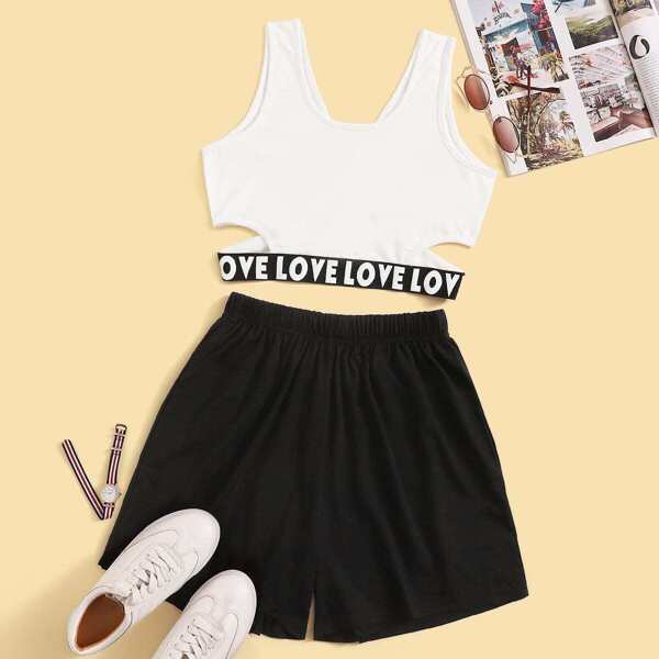 

Contrast Letter Hem Tank Top With Shorts, Black and white