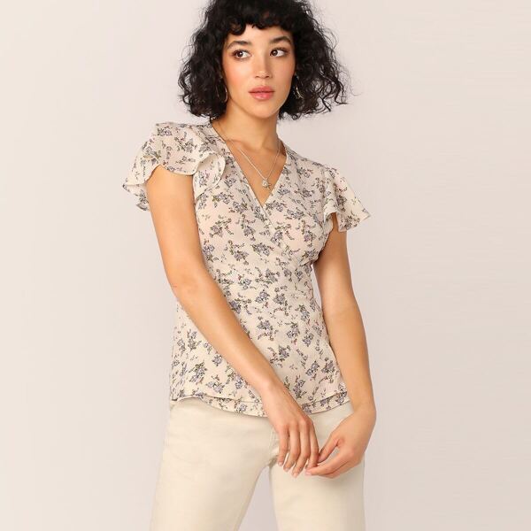 

Ditsy Floral Flutter Sleeve Wrap Top