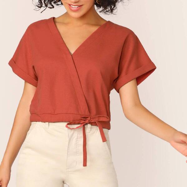 

Rolled Cuff Drawstring Hem Wrap Top, Red